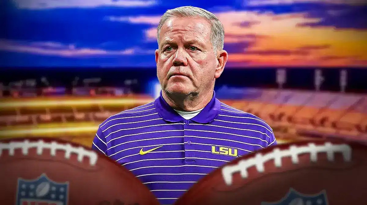 LSU football head coach Brian Kelly with a stadium in background.