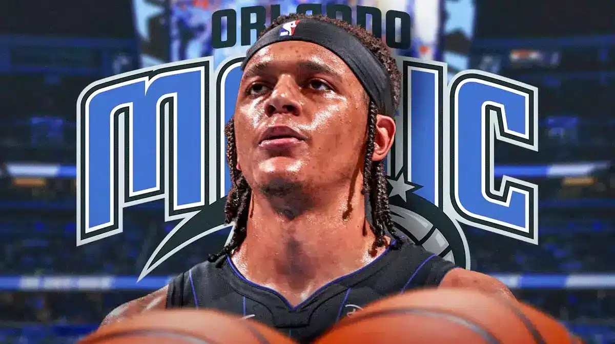 Magic’s Paolo Banchero looking serious on left. Orlando Magic’s basketball logo on right.