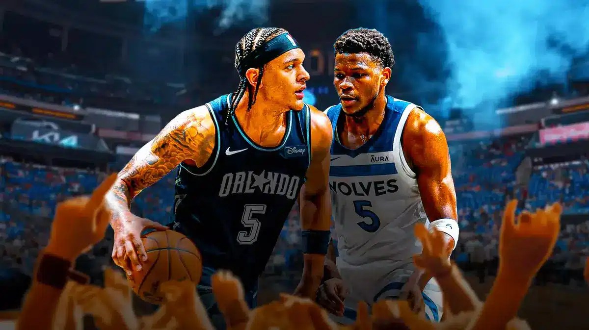 Magic's Paolo Banchero guarded by Timberwolves' Anthony Edwards