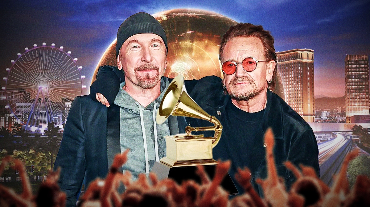 U2 The Edge and Bono with Grammys trophy and MSG Sphere background.