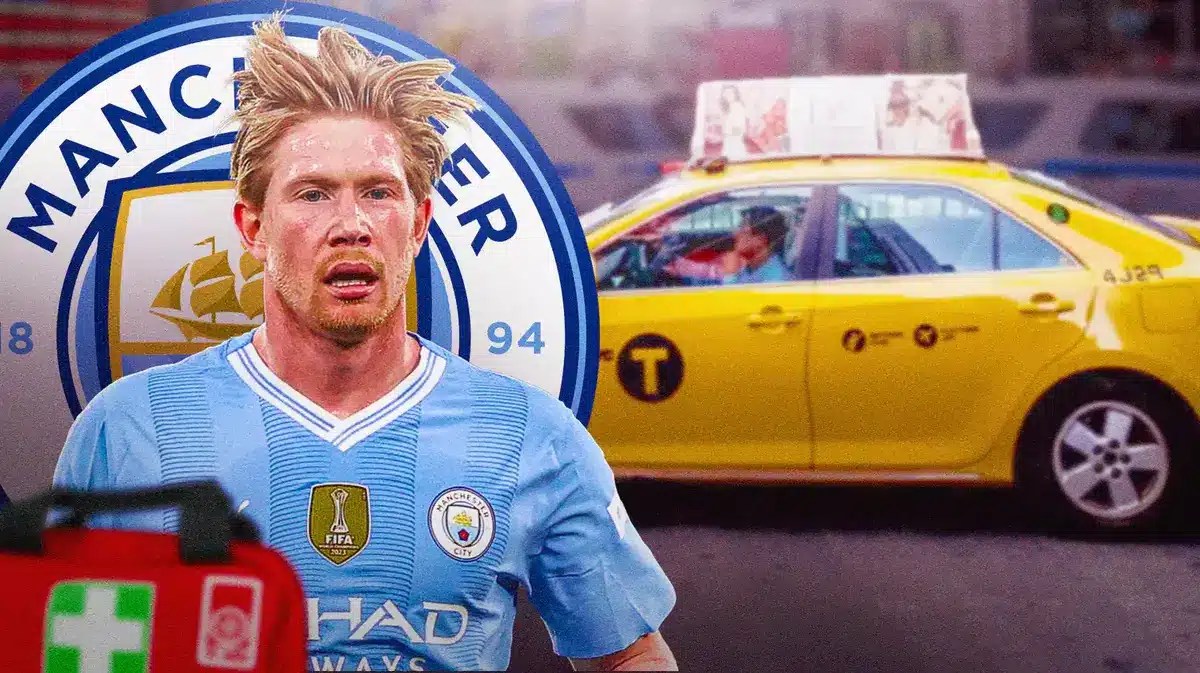 Kevin De Bruyne in front of a Taxi and the Manchester City logo
