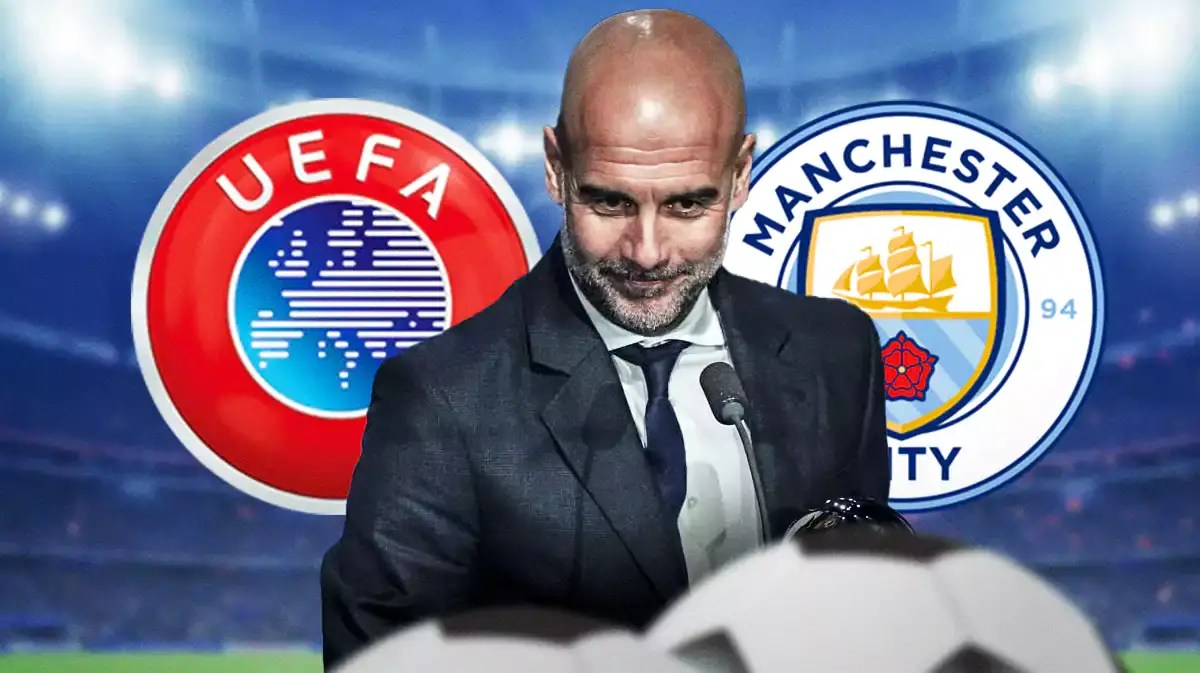 Pep Guardiola in front of the UEFA and Manchester City logos