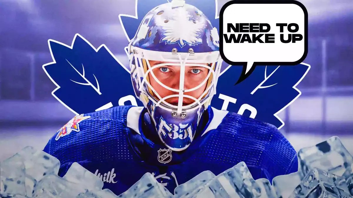Ilya Samsonov in middle of image looking stern with speech bubble: “Need to wake up” , TOR Maple Leafs logo, hockey rink in background