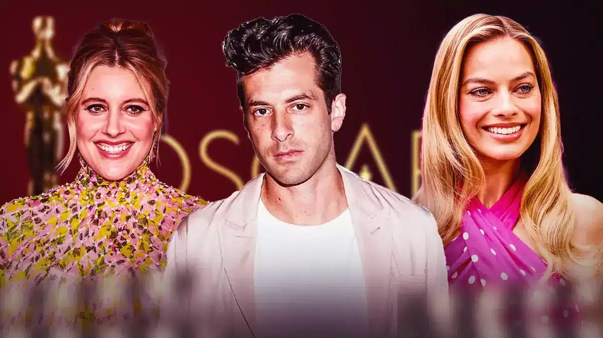 Grat Gerwig, Mark Ronson, Margot Robbie with Oscars background