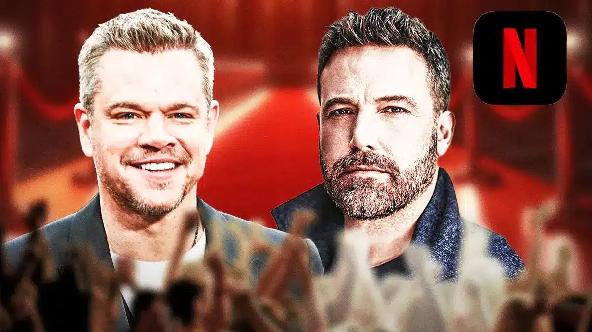 Air stars Matt Damon and Ben Affleck with red carpet background and Netflix logo.
