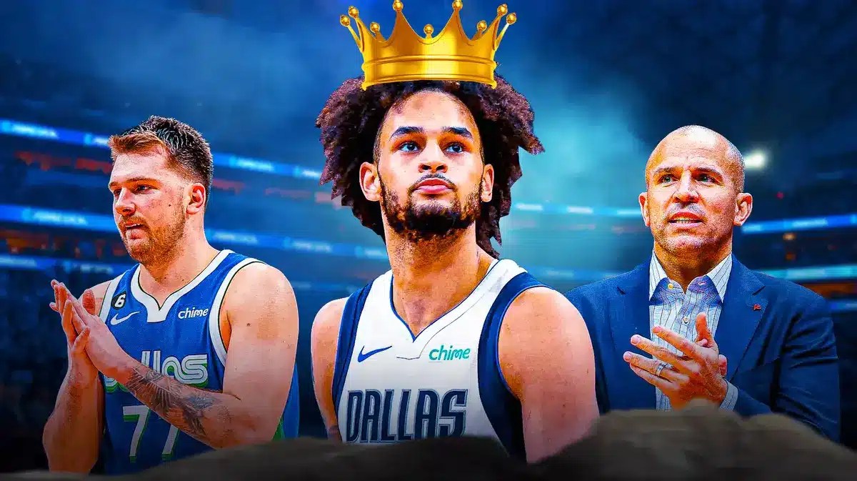 Dereck Lively II with Mavericks Jason Kidd and Kyrie Irving co star Luka Doncic