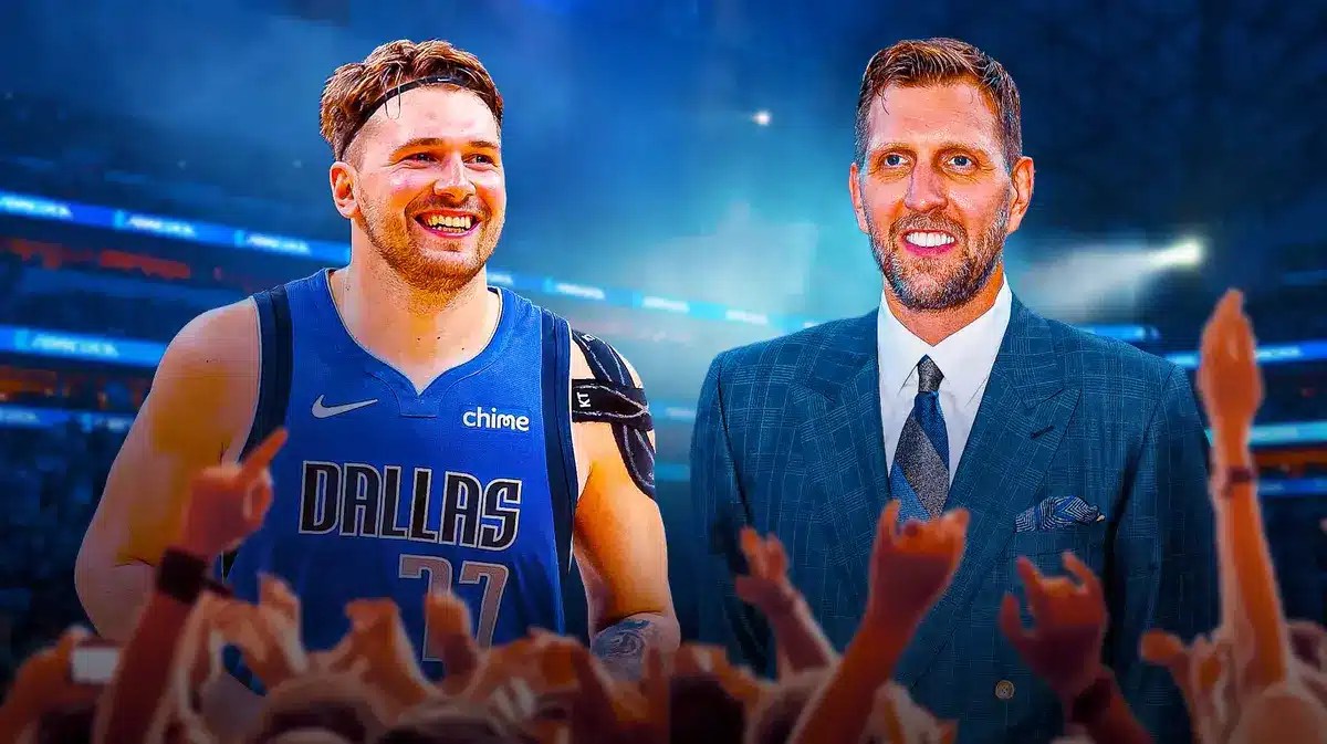Luka Doncic in Dallas Mavericks jersey, Mavs, Dirk Nowitzki in normal clothes