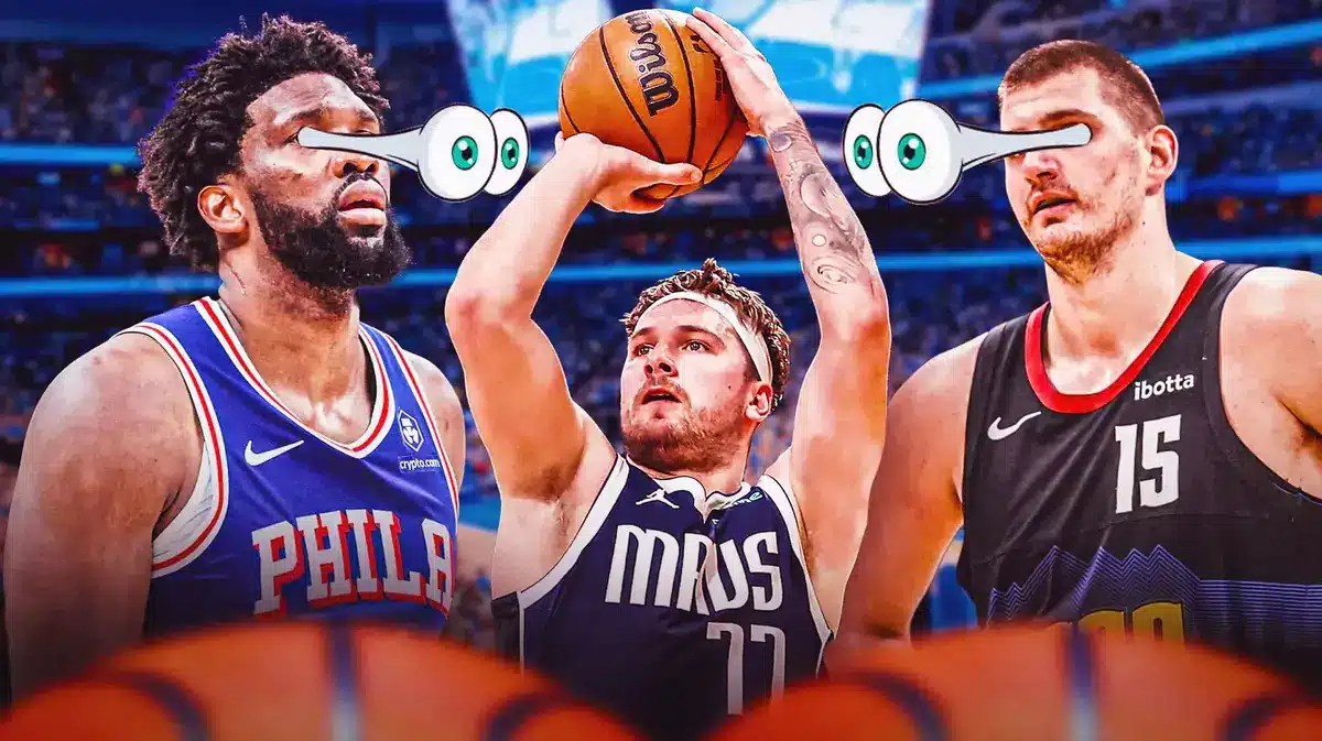 Mavericks' Luka Doncic shooting a basketball in front. 76ers' Joel Embiid, Nuggets' Nikola Jokic in background with eyes popping out.