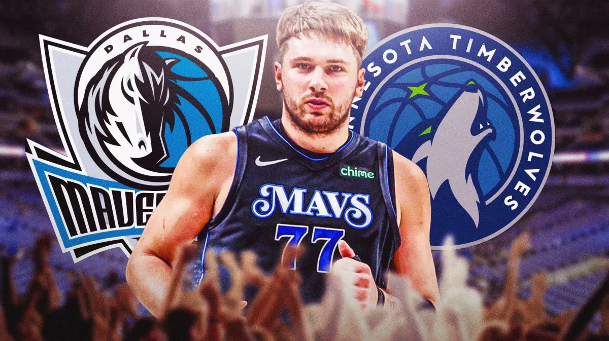 Luka Doncic with both the Mavs and Wolves logos in the background, injury