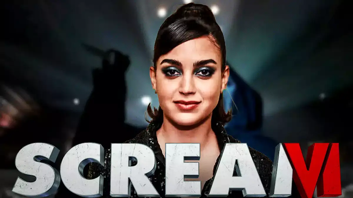 Melissa Barrera with Scream logo and Ghostface background.