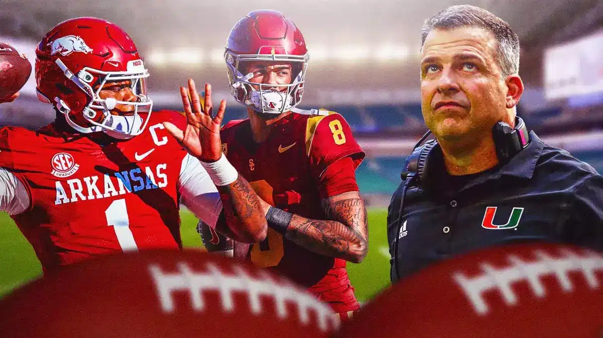 Mario Cristobal (Miami football head coach) with action shots of Malachi Nelson (USC) and KJ Jefferson (Arkansas)