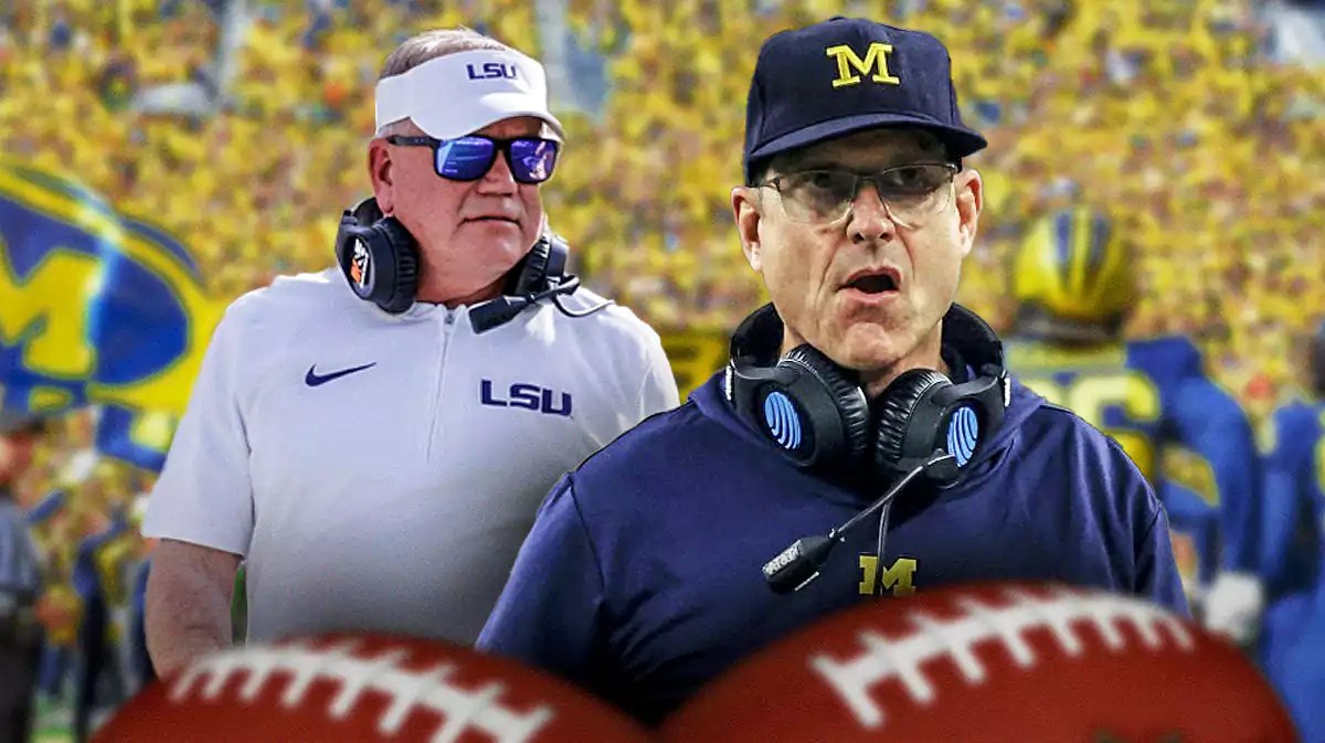 Michigan football, Wolverines, Jim Harbaugh, Brian Kelly, Colin Cowherd, Jim Harbaugh and Brian Kelly with Michigan football stadium in the background