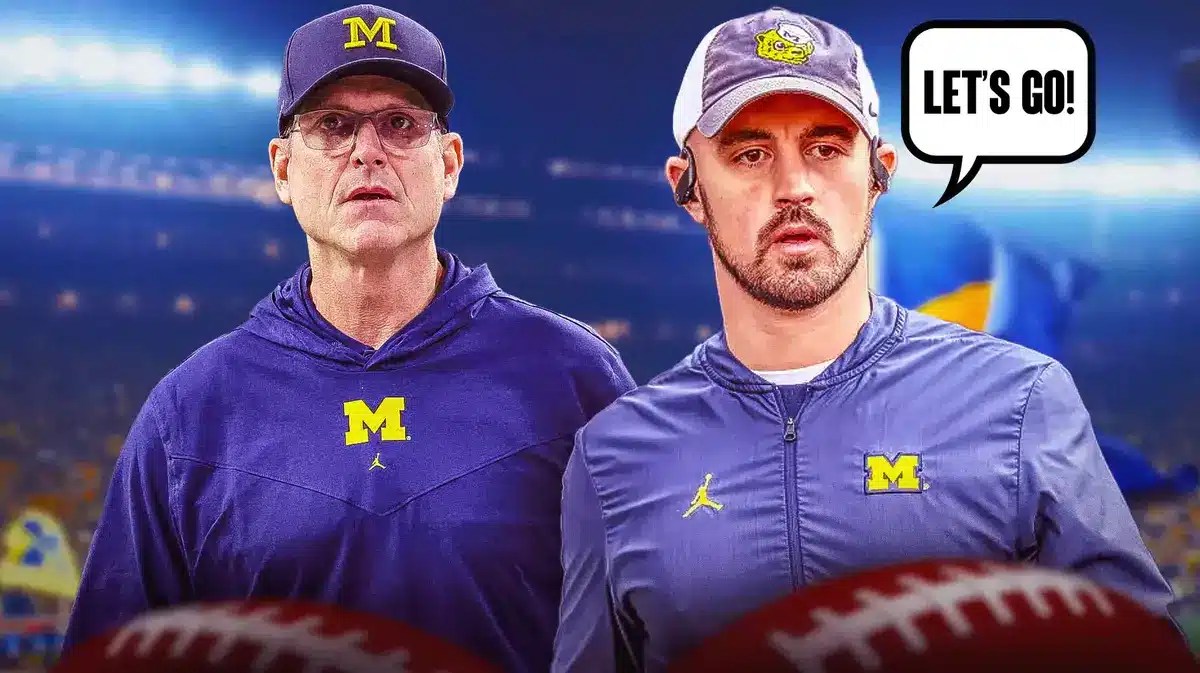 Connor Stalions saying “Let’s go!” next to Jim Harbaugh