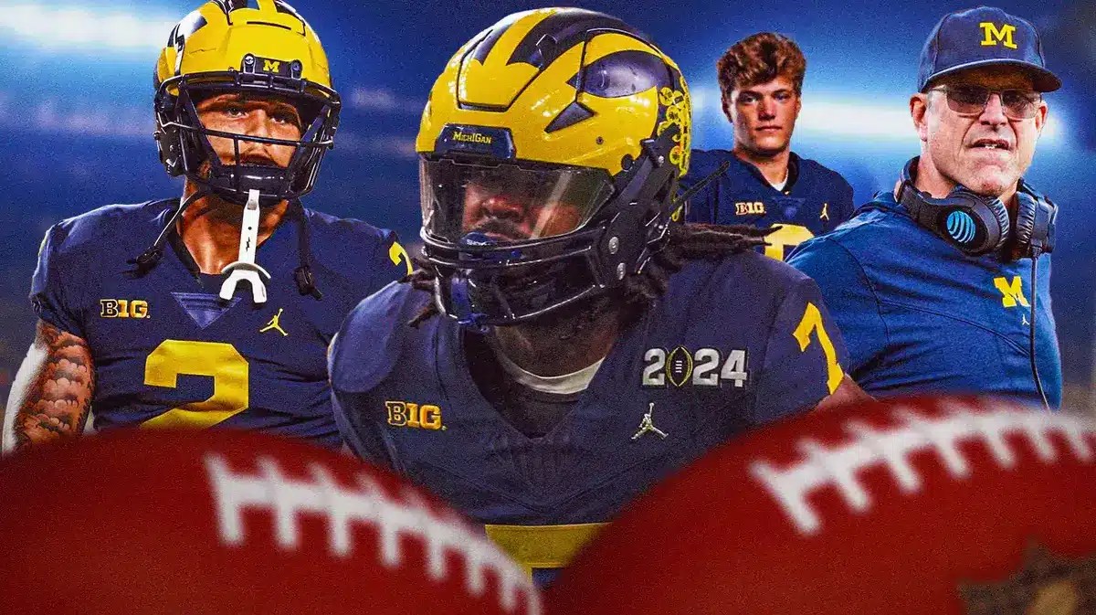 Michigan’s Donovan Edwards smiling in front. Place' Michigan football’s Jim Harbaugh, Blake Corum, and JJ McCarthy in background.