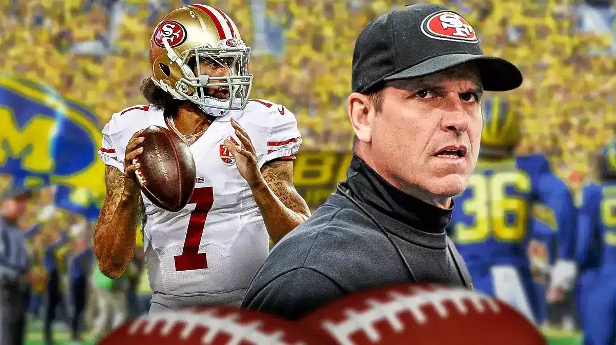 Michigan head coach Jim Harbaugh, with his former 49ers quarterback Colin Kaepernick