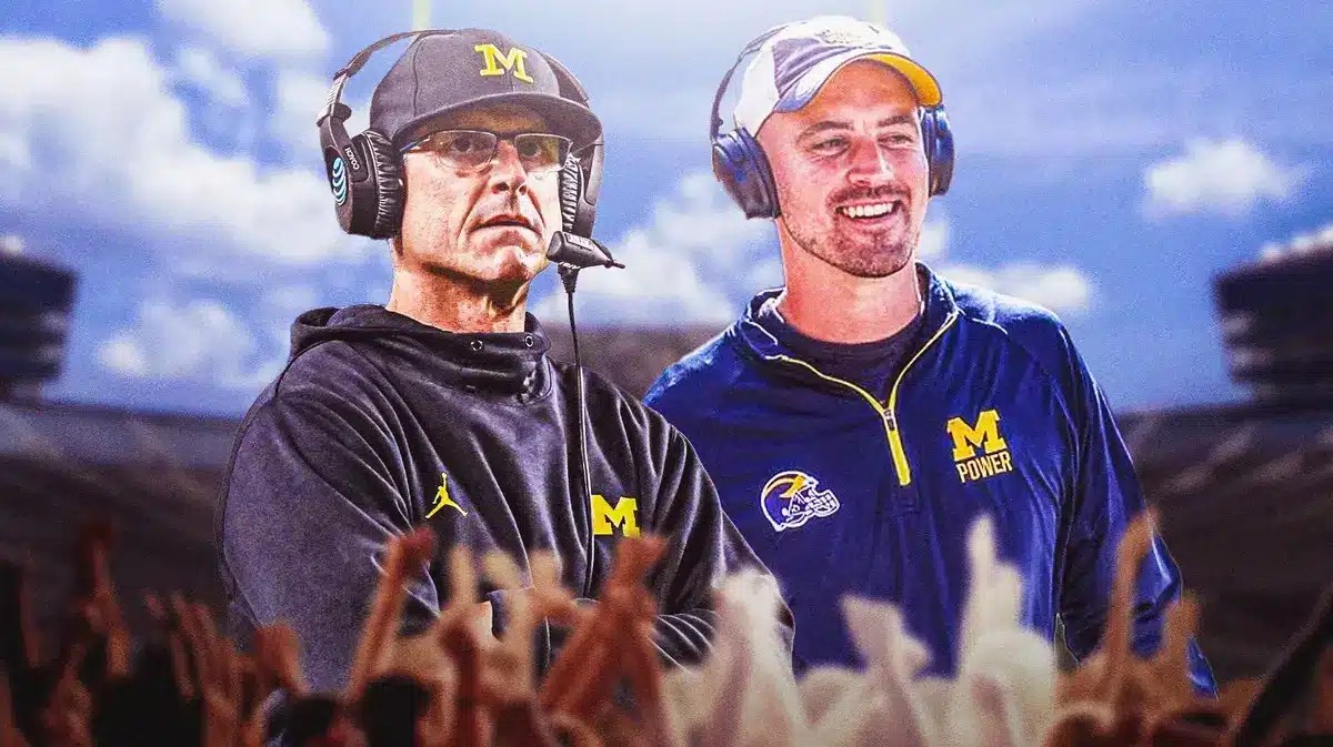 Michigan football, Wolverines, Jim Harbaugh, Connor Stalions, Rumorville, Jim Harbaugh and Connor Stalions with Michigan football stadium in the background