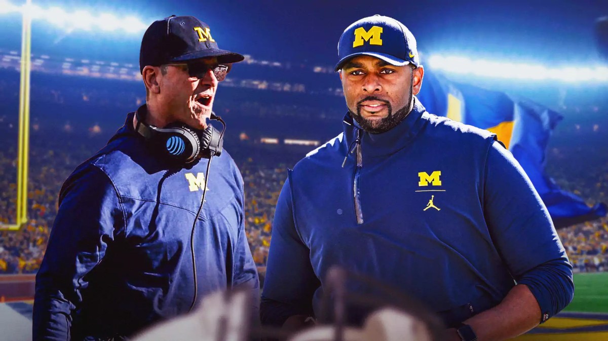 Michigan football, Wolverines, Sherrone Moore, Jim Harbaugh, Washington football, Jim Harbaugh and Sherrone Moore with Michigan football stadium in the background