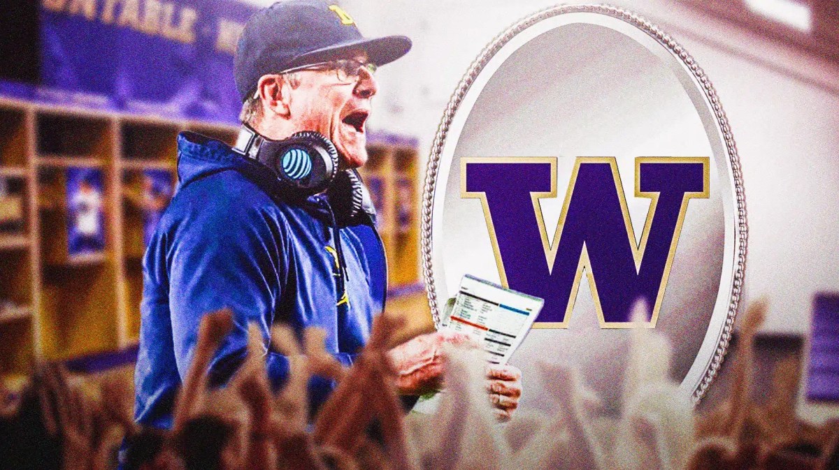 Michigan football coach Jim Harbaugh looking into a mirror, Washington reflects back at him.