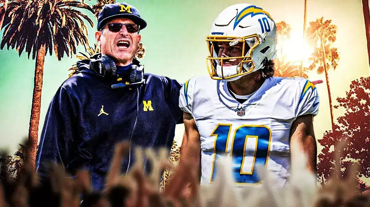 Michigan football coach Jim Harbaugh and Los Angeles Chargers quarterback Justin Herbert