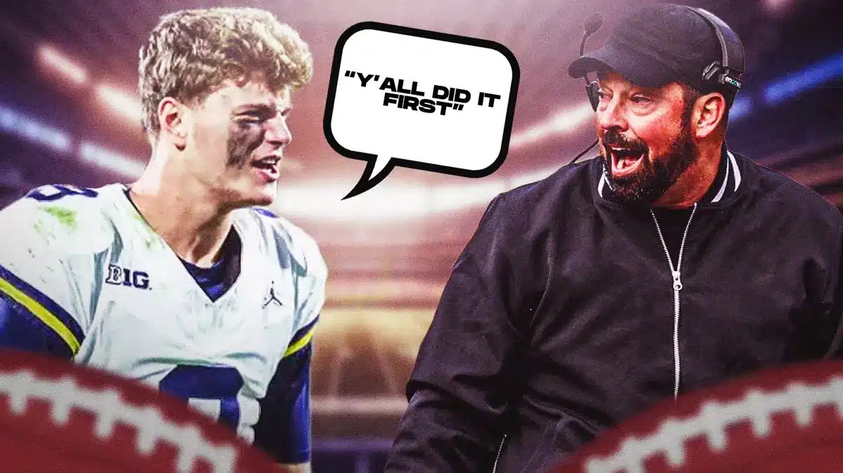 JJ McCarthy saying “y’all did it first” looking at Ryan Day