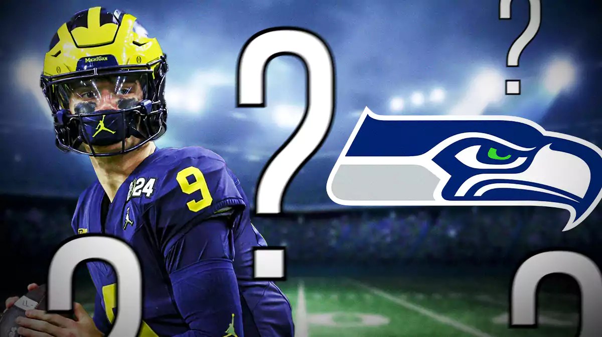Michigan football quarterback J.J. McCarthy on left, Seahawks logo on the right.