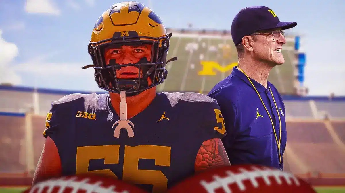 Mason Graham next to Jim Harbaugh (Michigan football)