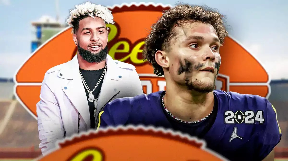 Photo: Roman Wilson in Michigan jersey with Odell Beckham in street clothes, both smiling, Reese’s Senior Bowl logo in the back