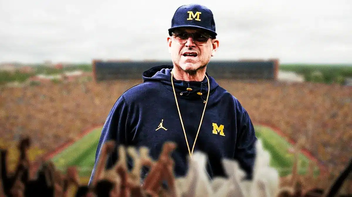 Jim Harbaugh with Michigan football stadium in background