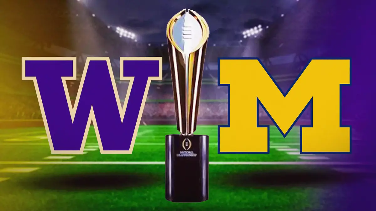 Washington Huskies versus Michigan Wolverines in College Football National Championship with trophy