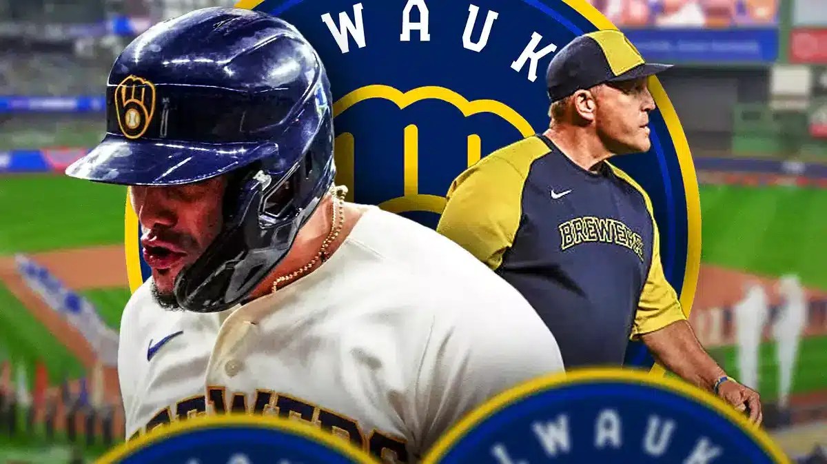 Brewers Willy Adames next to Brewers Pat Murphy in front of American Family Field