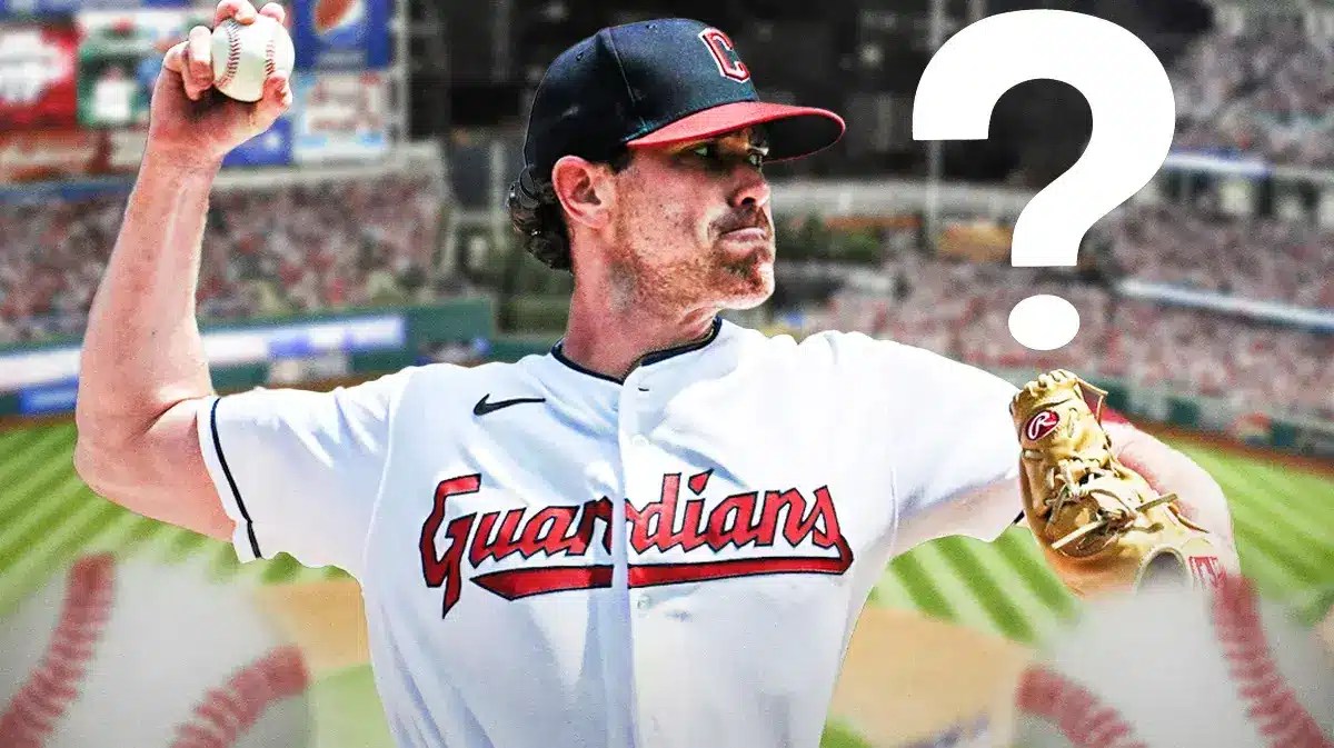 Guardians' Shane Bieber pitching a baseball. Place question marks around him. Progressive Field background.