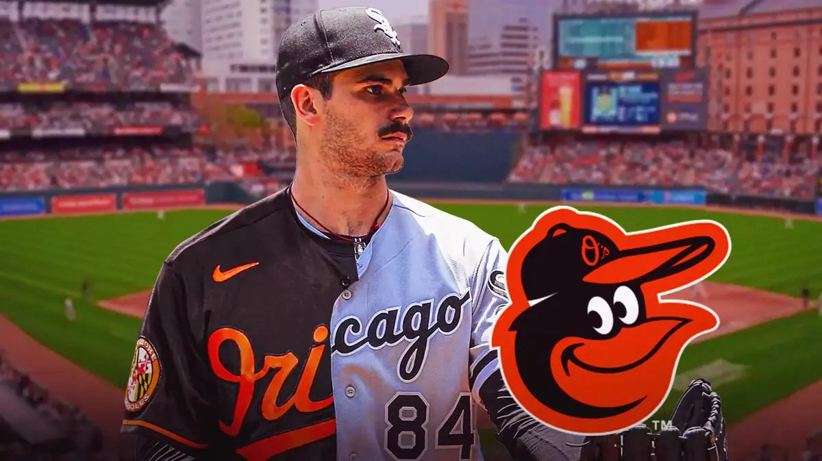 Dylan Cease wearing a half White Sox, half Orioles logo next to an Orioles logo at Camden Yards