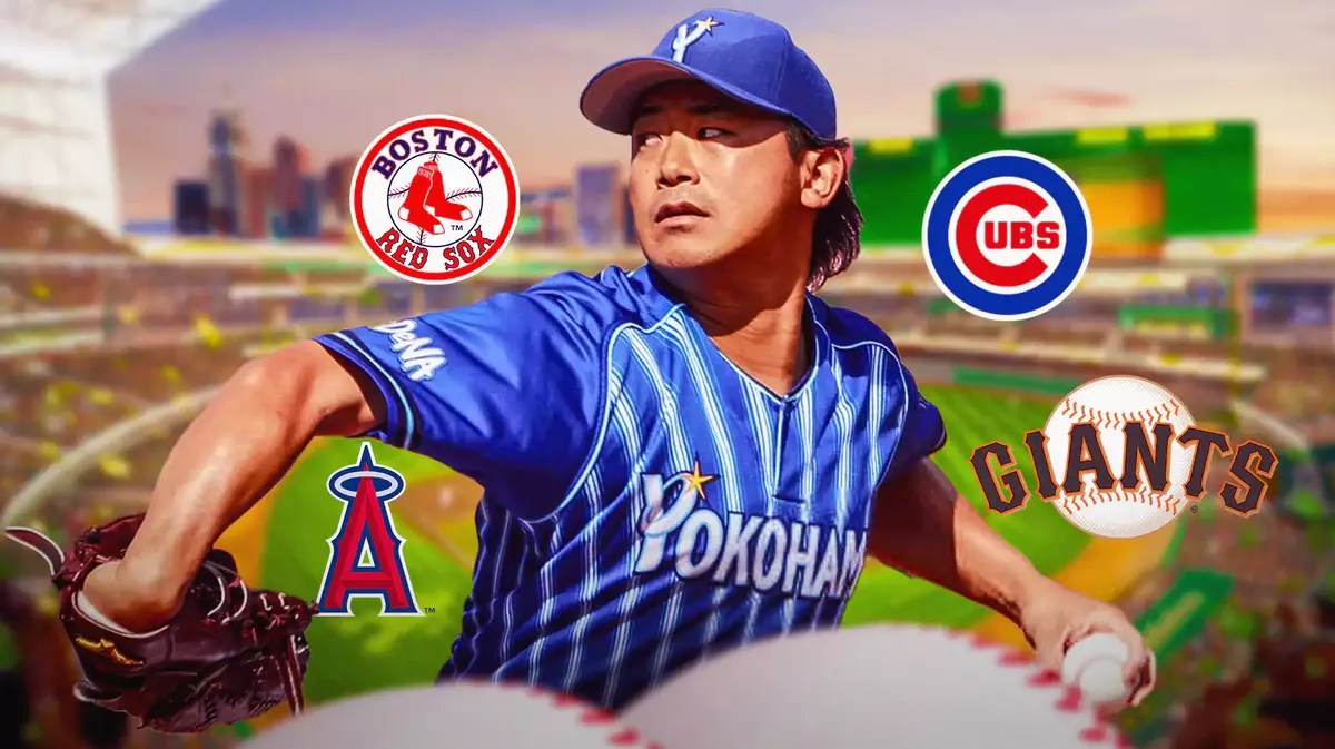 Shota Imanaga pitching Boston Red Sox, Chicago Cubs, Los Angeles Angels and San Francisco Giants logos around him