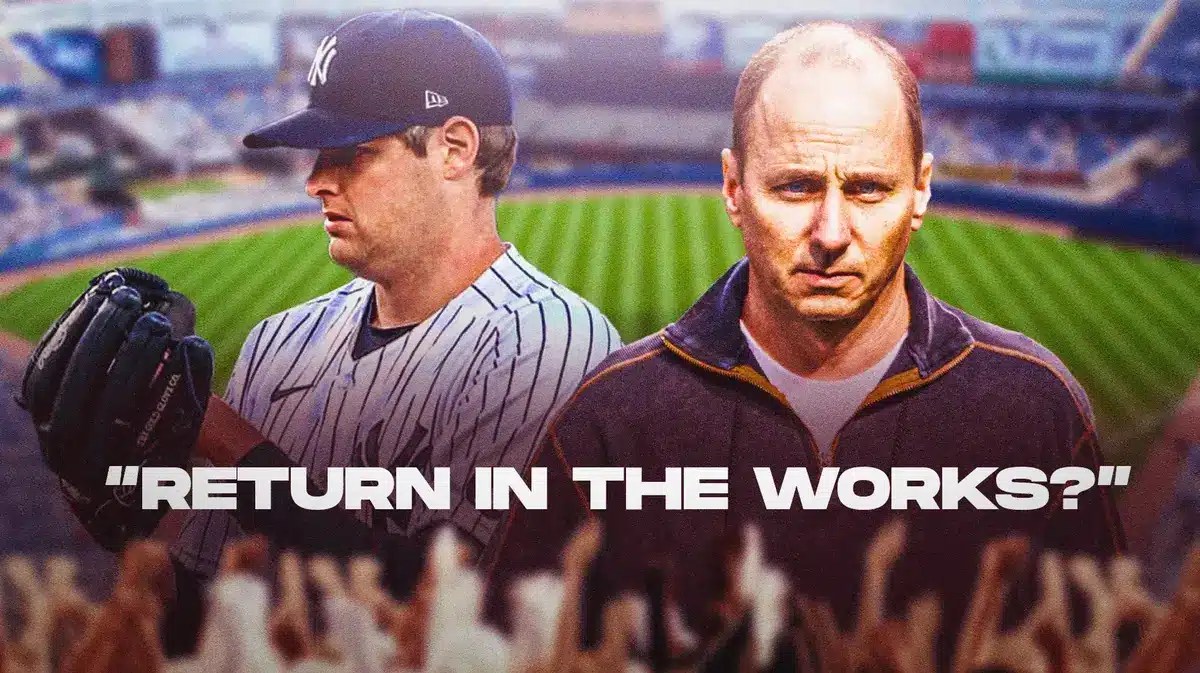 Jordan Montgomery in a Yankees uniform. Brian Cashman. Text on screen that says “return in the works?”