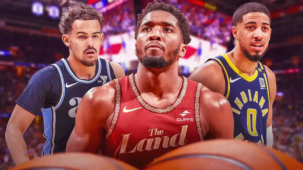 NBA Cleveland Cavaliers star Donovan Mitchell, Atlanta Hawks star Trae Young, and Indiana Pacers star Tyrese Haliburton standing next to each other.