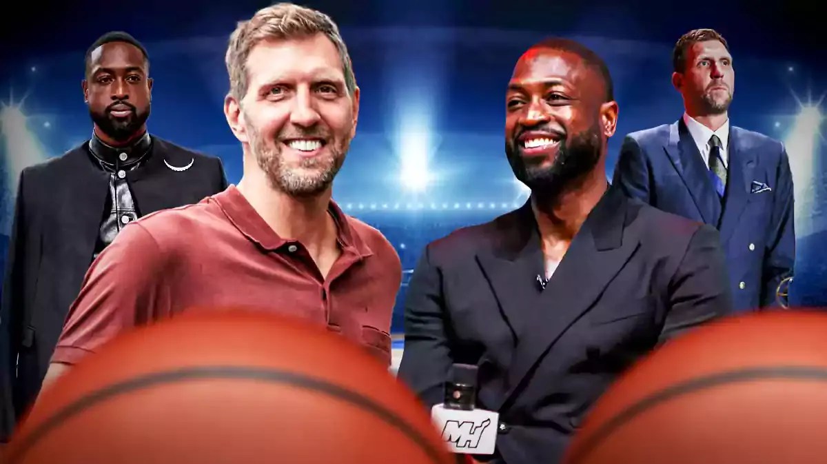 In front, need current images of Dwyane Wade and Dirk Nowitzki wearing normal clothes. In background, need Mavericks' Dirk Nowitzki and Heat’s Dwyane Wade looking serious.