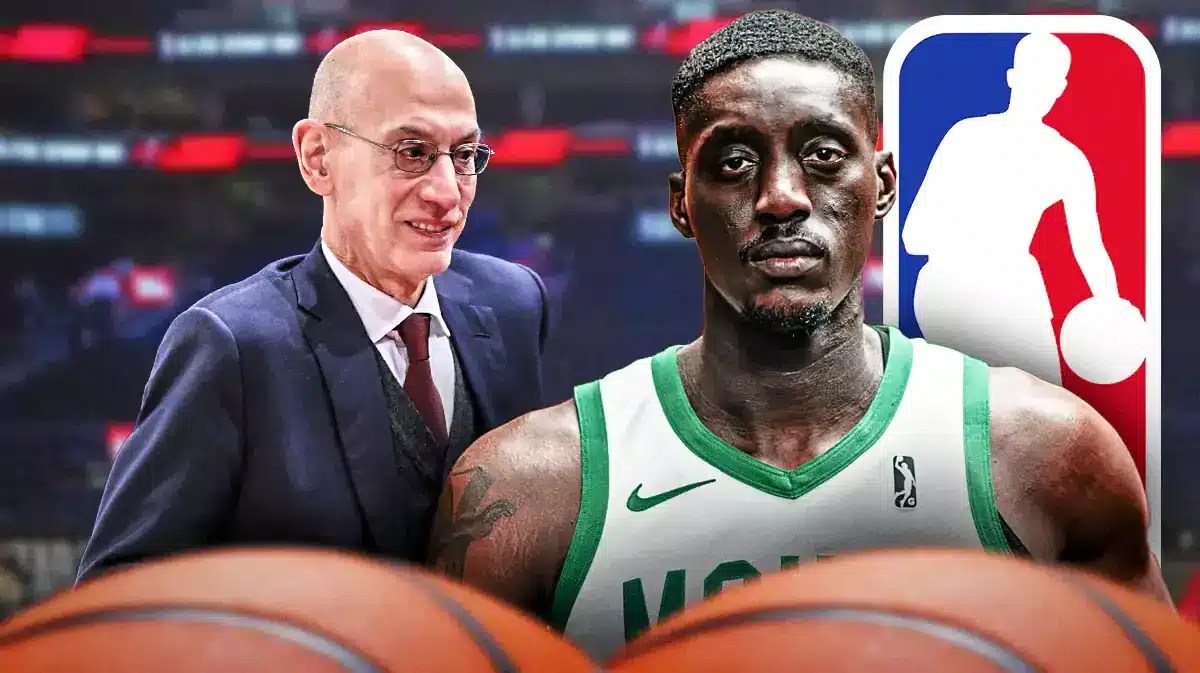 Photo: Tony Snell in basketball jersey with NBA logo and Adam Silver next to him