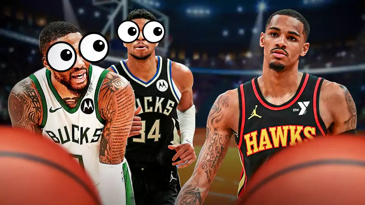 Giannis Antetokounmpo and Damian Lillard looking at Dejounte Murray with emoji eyes