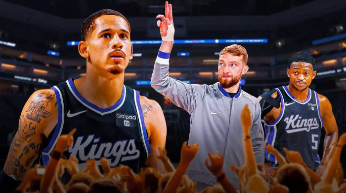 Kings Domantas Sabonis, De'Aaron Fox, and Juan Toscano-Anderson