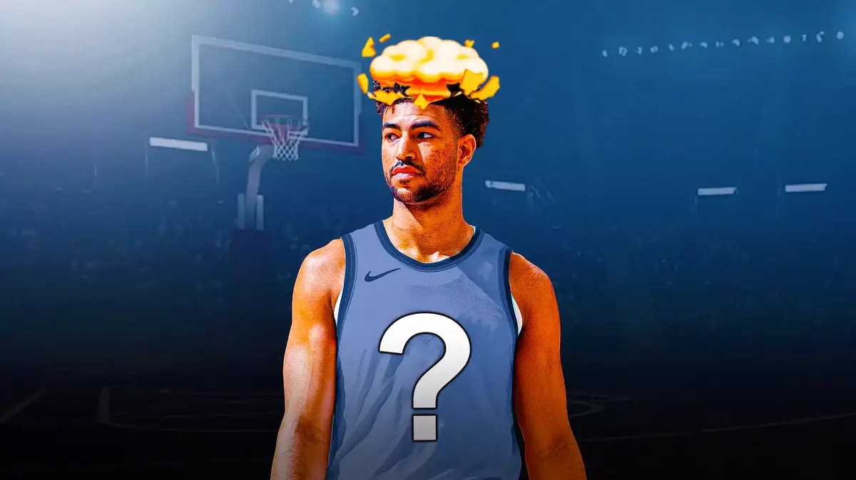 Quentin Grimes with mind-blown head, while wearing a blank jersey with question mark in the middle