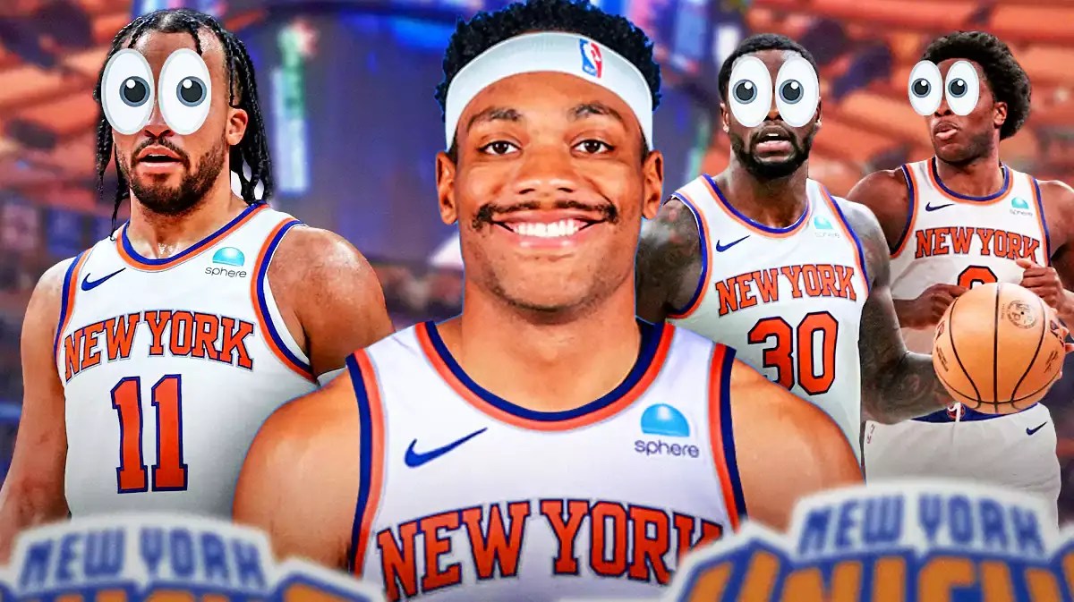 Jalen Brunson, Bruce Brown, OG Anunoby, and Julius Randle in Knicks jerseys.