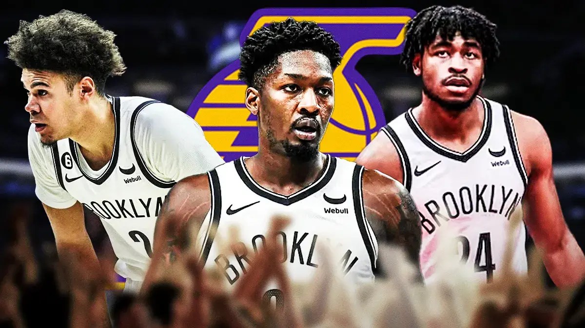 Nets' Dorian Finney-Smith, Nets' Cam Johnson, Nets' Cam Thomas in image. Place the Lakers' logo in background.