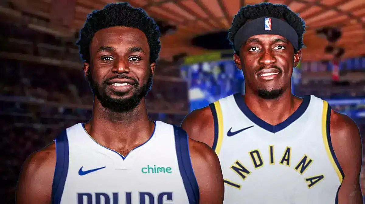 Andrew Wiggins in a Mavericks jersey in front. Pascal Siakam in a Pacers jersey in background.
