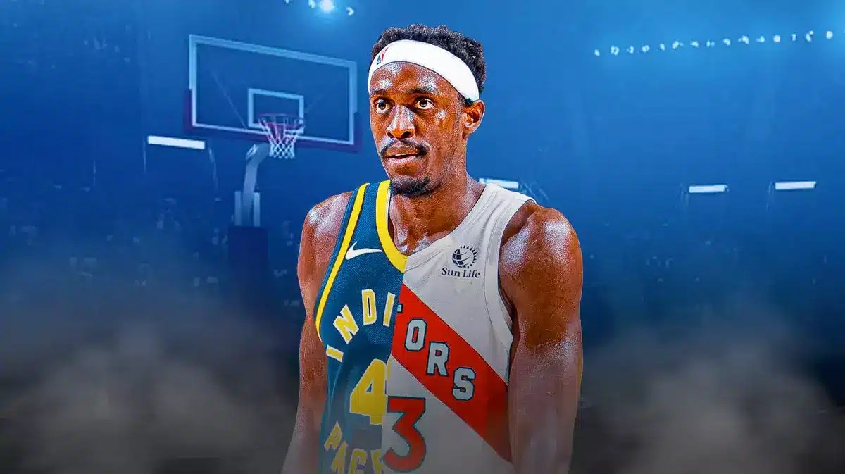 Pascal Siakam in half Pacers, half Raptors jersey.