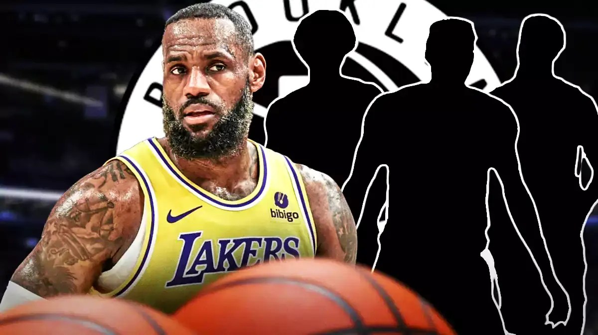 Lakers star LeBron James with Nets players and trade deadline targets Spencer Dinwiddie, Dorian Finney-Smith, and Royce O'Neale