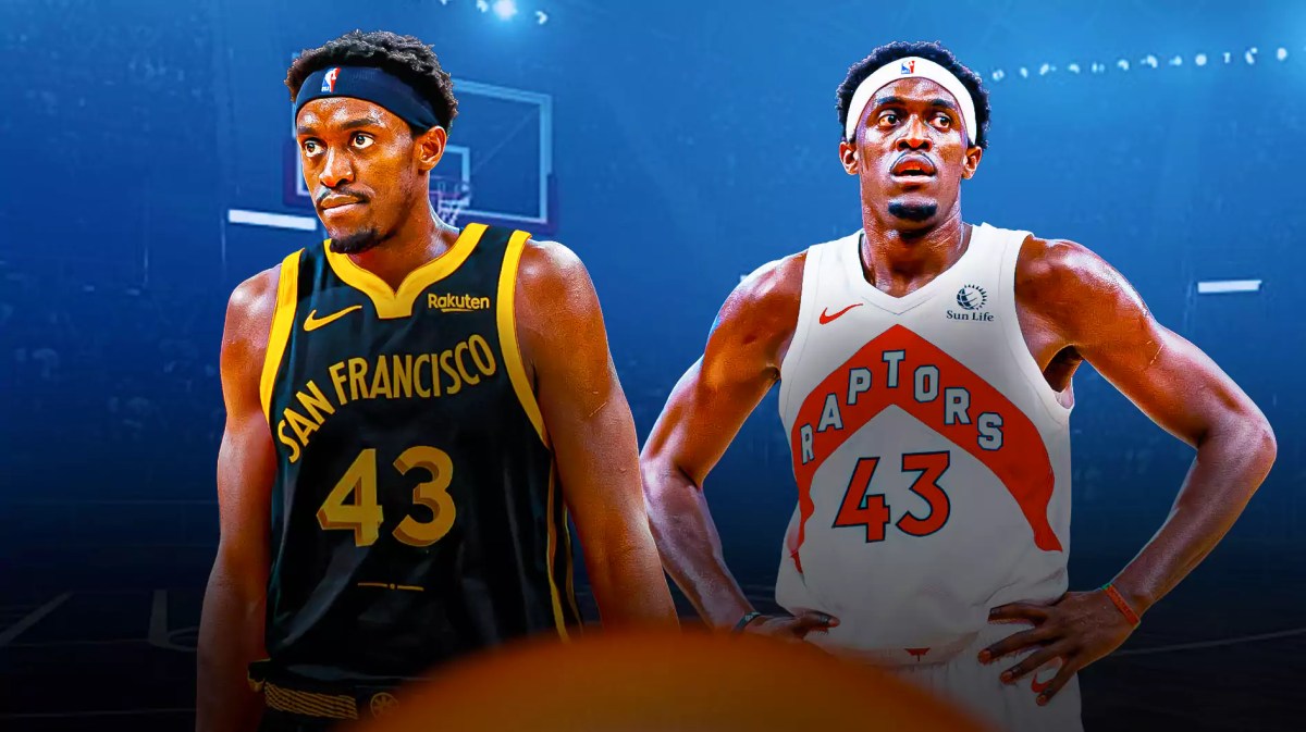 A double image of Pascal Siakam, one of him in his Raptors jersey and the other of him in a Warriors jersey, trade