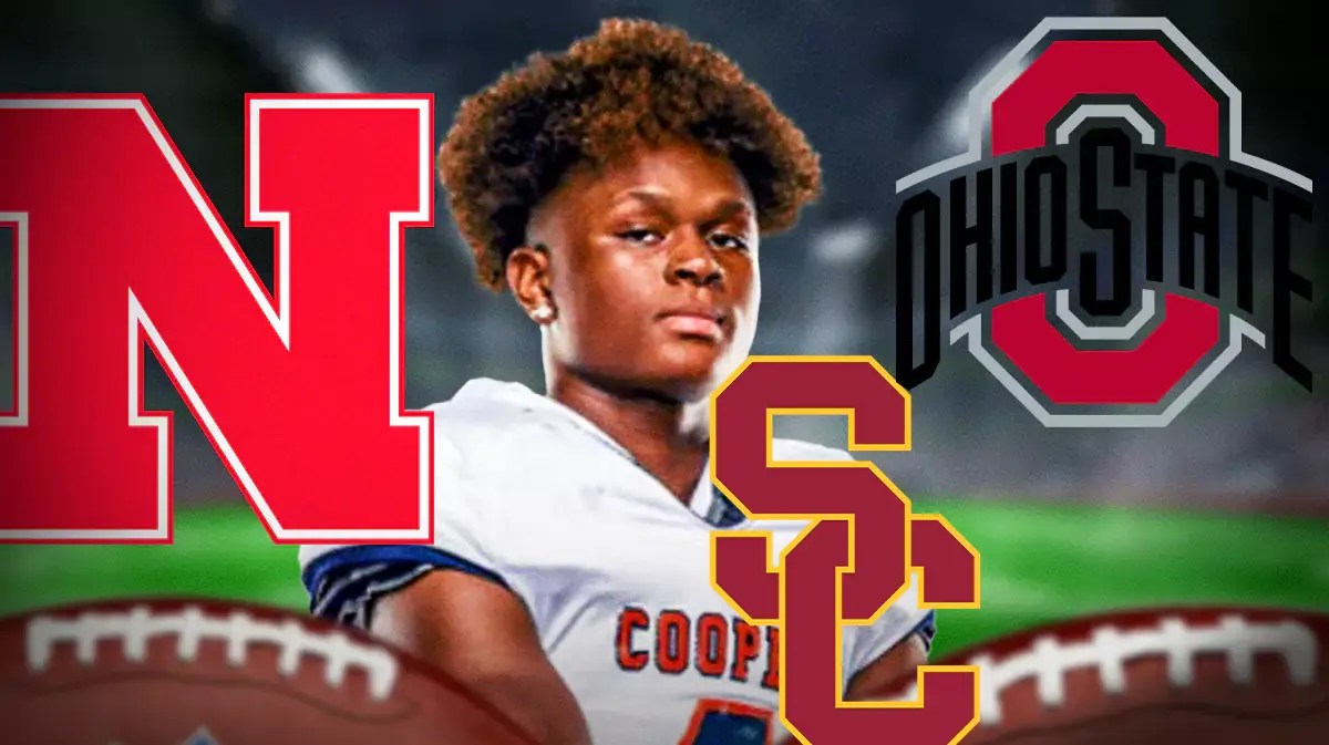Emmanuel Karmo with Nebraska, USC, and Ohio State logos in the backround