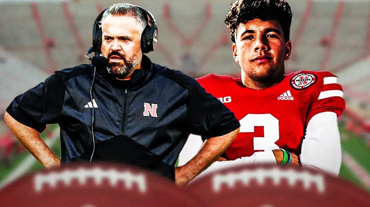 Photo: Matt Rhule in Nebraska gear with Dylan Raiola in Nebraska gear