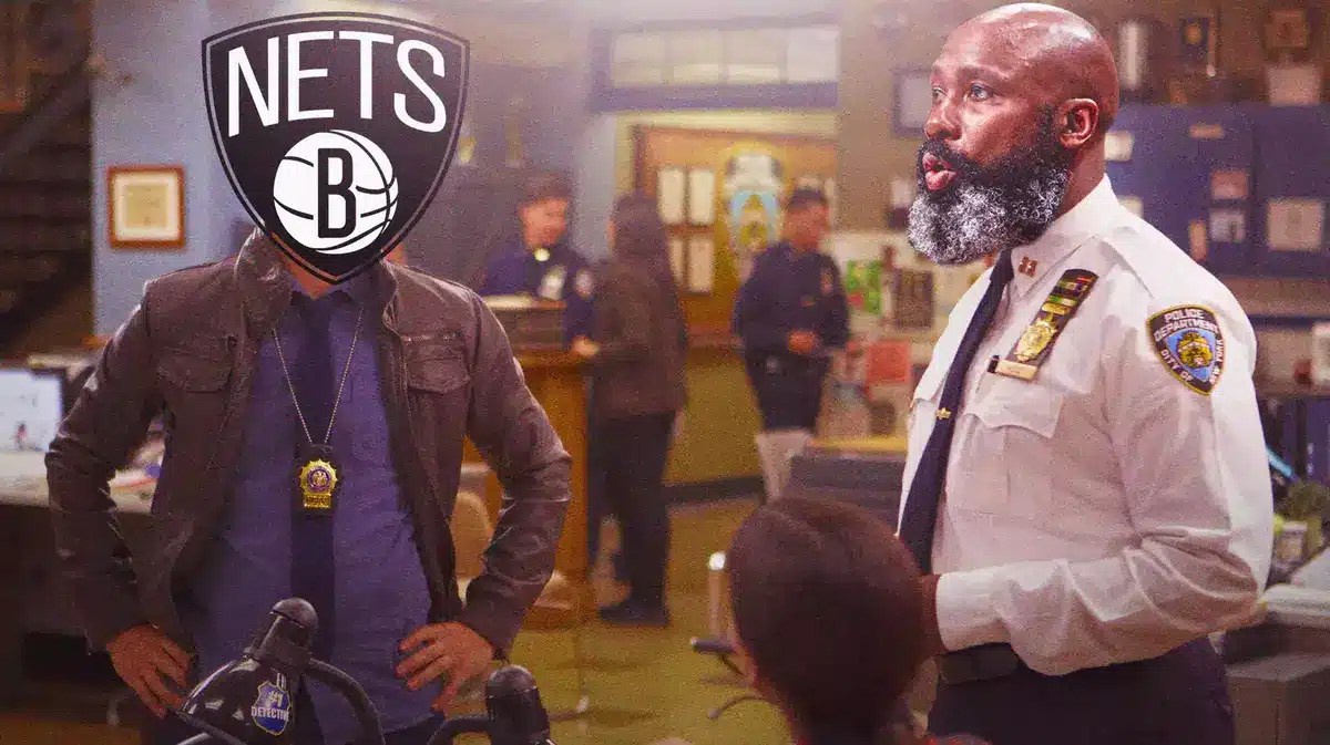 Nets head coach Jacque Vaughn (man on RIGHT), Nets logo on the face of the man on LEFT.