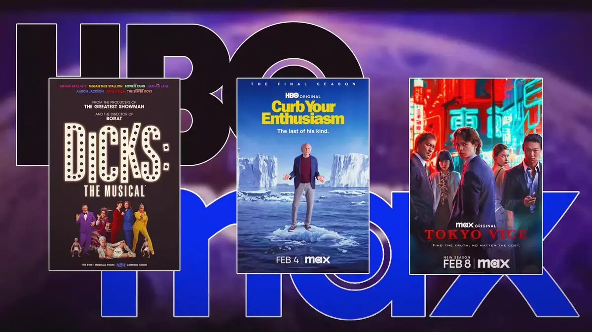 Dicks: The Musical, Curb Your Enthusiasm, Tokyo Vice poster; background: HBO and Max logos